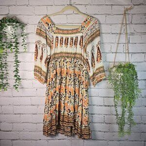 REBELLION BOHO DRESS 3/4 PEASANT SLEEVE SMOCKED BACK HIGH LOW HEM SIZE LARGE